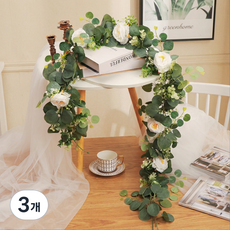 바로이벤트 유칼립투스 백장미 조화 넝쿨 행잉 가랜드 인테리어 장식, 3개, 화이트로즈