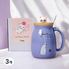 고양이 예쁜 머그컵 [ 뚜껑세트 카페컵 생일선물 도자기컵 여친 남친 선물 홈카페 나혼자산다 답례품 개업선물 합격선물 윤스테이 뚜껑컵 집들이선물 귀여운 고양이 티스푼 ], 보라, 3개