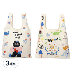 1+1 초경량(30g) 접이식 귀요미 장바구니, 3세트, 고양이화이트,나비화이트