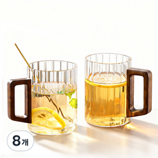 홈카페 우드 손잡이 내열유리 플리츠 머그컵, 8개, 우드핸들 머그잔 450ml