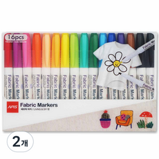 아피스 안지워지는 패브릭마카 세트 섬유/의류용 티셔츠 에코백 신발 리폼용, 2개, 16색