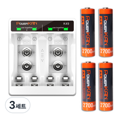 POWERKAN AA고용량충전지+충전기세트 K49 니켈수소 AA 2700mAh 1.2 Nimh, 3세트