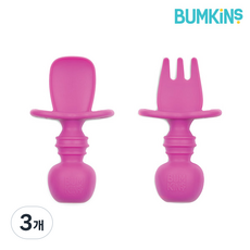 범킨스 자기주도 이유식 아기 유아 베이비 실리콘 스푼포크 세트 + 케이스, 푸크시아, 3개