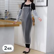 PVC 방수 앞치마 팔토시 세트 주방 청소 공장 작업 세차 다용도, 2세트, 투명화이트 M