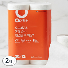 오프라이스 3겹 천연펄프 화장지, 30m, 12롤, 2개