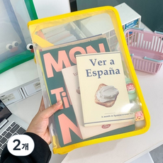 4color 캐릭터 A4파일 지퍼형 파우치 반투명 캐릭터 파일케이스 손목고리 손잡이형 문서수납 4컬러, 2개, 옐로우