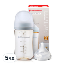 더블하트 모유실감 3세대 새벽그레이 240ml 싱글팩(젖병+젖꼭지 M), 5세트, 새벽그레이 젖꼭지(M)