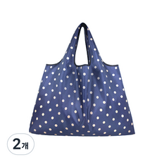 휴대용 접이식 장바구니 에코백 라지 대형 빅사이즈 쇼퍼백, 네이비 도트, 2개