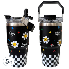 바이코코 스마일 데이지 보온 보냉 스텐 예쁜 손잡이 빨대 텀블러, 5개, 600ml, 블랙