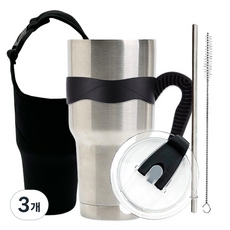 굿아이템 대용량 진공 스텐텀블러 + 밀폐뚜껑 + 손잡이 + 스테인레스빨대 + 세척솔 + 캐리어 풀세트, 실버, 0.9L, 3개