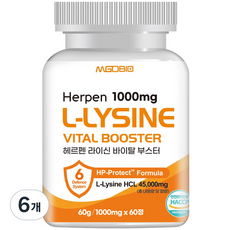 라이신 헤르펜 L- lysine 바이탈 부스터 1000mg 1형 2형 엘라이신 총함량 45000mg 필수 아미노산 6종 디펜스시스템 식약청인증 HACCP 제품, 6개, 60정