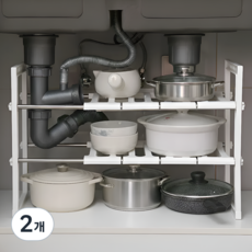 데이모노 길이 높이 조절 싱크대 하부장 주방 선반, 2개, 화이트, 2단