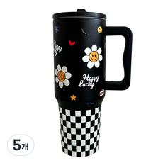바이코코 스마일 데이지 대용량 1.2L 스텐 예쁜 손잡이 텀블러, 5개, 1200ml, 블랙