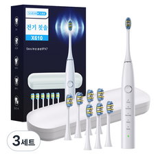 음파전동칫솔 초음파 전동칫솔 스마트 음파 전동칫솔 본체 전동칫솔 파워화이트닝 전동칫솔 전동칫솔 리필브러쉬 6개 여행가방, White, 3세트, X610