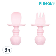 범킨스 자기주도 이유식 아기 유아 베이비 실리콘 스푼포크 세트 + 케이스, 핑크, 3개