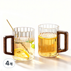 홈카페 우드 손잡이 내열유리 플리츠 머그컵, 4개, 우드핸들 머그잔 450ml