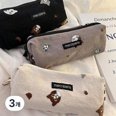 후암마켓 데일리 코튼 고양이 필통 화장품 학용품 수납 파우치, 3개, 그레이