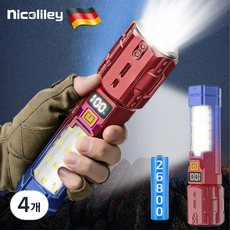 nicoliley 초강력 led 손전등 휴대용 캠핑 랜턴 충전식 후레쉬 고휘도, 레드, 4개