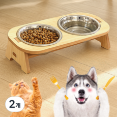 살림하루 튼튼원목 편한식사 강아지 고양이 2구 밥그릇, 2개, 혼합