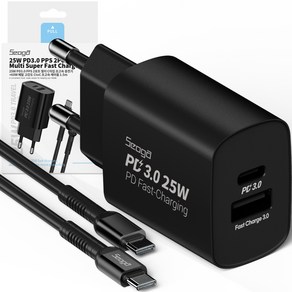 서가 C타입 초고속 충전기 25W PD3.0 PPS 2포트 멀티 + 메탈 고강도 CtoC 케이블 1.5m 60W 세트, 블랙, 1개