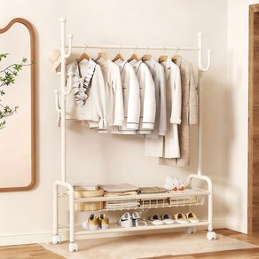 YEAAYE 하단 2단 수납 이동형 스탠드행거, 화이트, 90cm, 35cm, 173cm, 1개