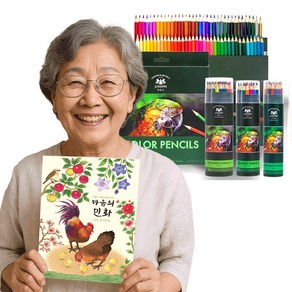 민화 컬러링북 색연필 세트 어르신 시니어 어른 색칠공부 노인 시니어 인지향상 치매예방 색칠놀이 할머니취미 색칠북 꽃 새 동물 그림 색칠하기 성인 미술 전문가용 색연필 24개 도안, 컬러링북+전문가용 48색 색연필, 로쎄컴퍼니, ROSSE