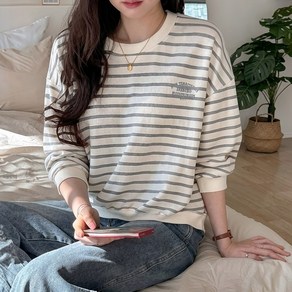 데일리앤 더스트 여성 루즈핏 자수 레터링 긴팔 맨투맨 기본 면 스트라이프 티셔츠 봄