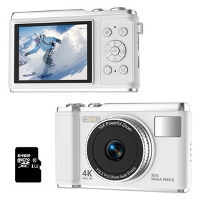 RUNHome 레트로 디지털 카메라 HD 셀카 여행용 인생+64G메모리카드, 화이트