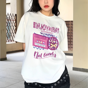 SUNALIFE 여성 핑크 레트로 감성 그래픽 오버핏 반팔 순면 티셔츠