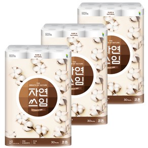 더 도톰한 자연쓰임 코튼 무형광 화장지 3겹 27m 30롤 3팩 총, 90롤, 30개입, 3개
