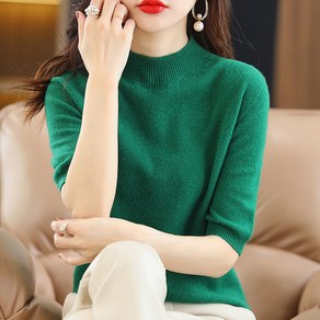 류룡 여성 베이직 반팔 반목 니트티 티셔츠