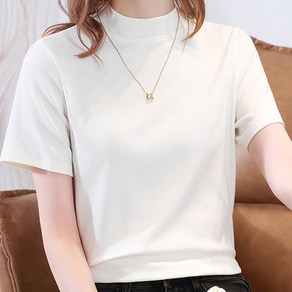 데일로엔 여성 반폴라 모크넥 심플 무지 반팔티, 화이트, L, 1개