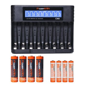 POWERKAN CN8 8구 충전기+고용량충전지 세트 AAA 1100mAh*4알 AA 2700mAh*4알 니켈수소 충전지