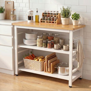 HOMEY NEST 철제 3단 수납장 최대 하중 350kg 거실 주방 다용도 조리대 겸용 보조 테이블 HZMBTC02, 화이트