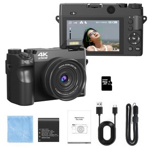 RUNHome WIFI 4K 디지털 카메라 앞뒤 7500W 캠코더 여행용 인생+64GB 메모리, 블랙