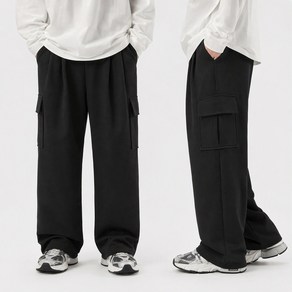 남자 트레이닝 카고바지 원턱 와이드팬츠 멀티포켓 밑단 드로우스트링 베이잉, 블랙, L(70-85KG), 1개