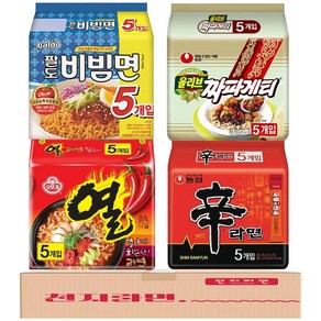 A세트 인기봉지라면 농심 오뚜기 팔도 4종 20개입 (열라면5, 신라면5, 비빔면5, 짜파게티5), 라면스프, 1세트