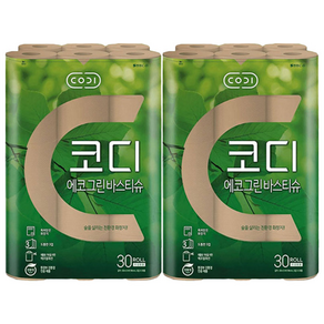 최신리뉴얼 코디 친환경 에코그린 바스티슈 화장지 3겹 30m 60롤 두루마리 휴지, 30롤, 2개