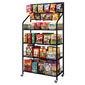 두리치 거거익선 이동식 매대 간식 선반 과자 철제 진열대 스낵 펜트리 4단 70cm X 140cm, 블랙, 1개