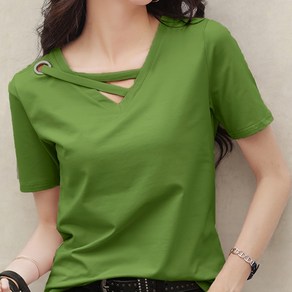 여름 브이넥 반팔 캐주얼 티 상의