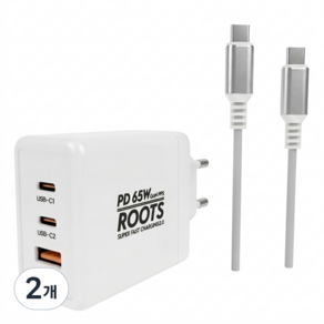 루츠 국내생산 PD 65W PPS C타입 3포트 초고속 멀티충전기 + C to C 100W 5A E Marker 1.5M 케이블포함, 화이트, 2개