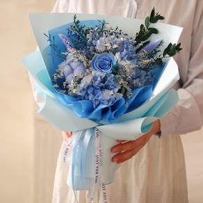 센트바스켓 생화 프리저브드 꽃다발 L + 쇼핑백 + 카드 세트, 아이스블루