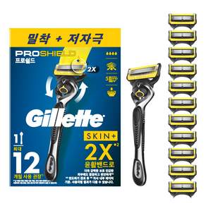 질레트 정품 프로쉴드 옐로우 매뉴얼 면도기 핸들1입 + 면도날12입 - 날면도기
