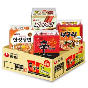농심 신라면 5개 120g + 안성탕면 5개 125g + 얼큰 너구리 5개 120g + 짜파게티 5개 140g, 40개 - 봉지라면