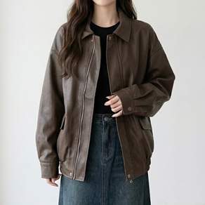 더시럽 여성용 오버핏 카라 스트릿 가죽 자켓