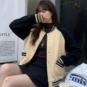 더시럽 여성용 스트릿무드 배색 루즈핏 야구점퍼
