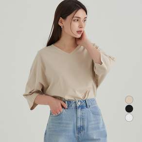 ELLE PARIS 여성용 통기성 오버핏 브이넥 7부 티셔츠
