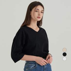 ELLE PARIS 여성용 통기성 오버핏 브이넥 7부 티셔츠