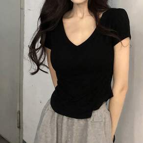 디멜디 여성용 브이넥 슬림핏 단색 머슬 반팔티셔츠