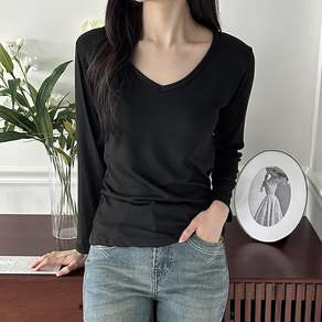 라라온 여성용 슬림핏 기본 브이넥 긴팔 무지 티셔츠 TSP2867